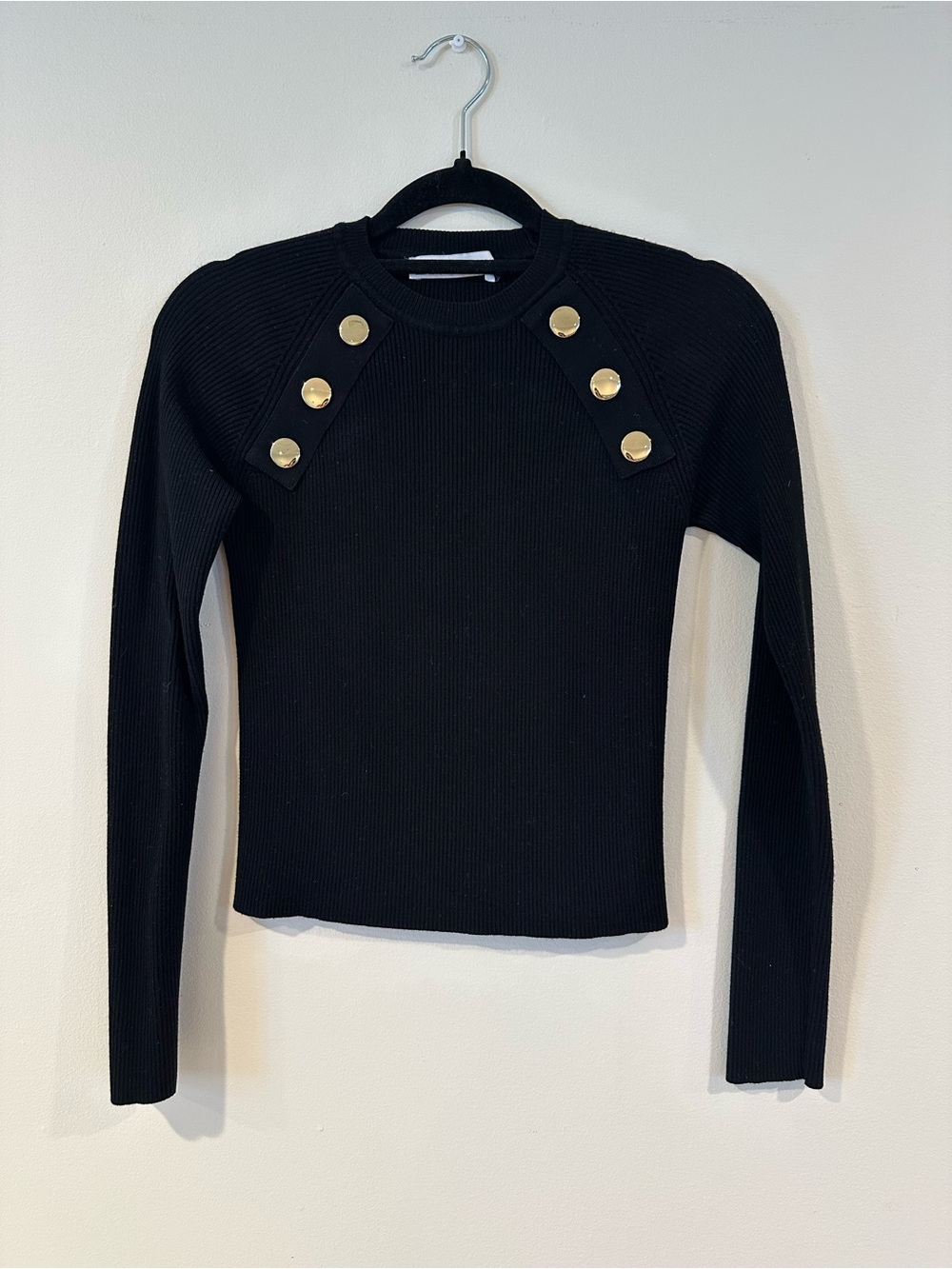Zara Black Ribbed Long-Sleeve Top with Gold Button Detail